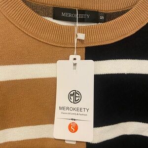 MEROKEETY Women's Striped Crewneck Sweater - Black and Brown